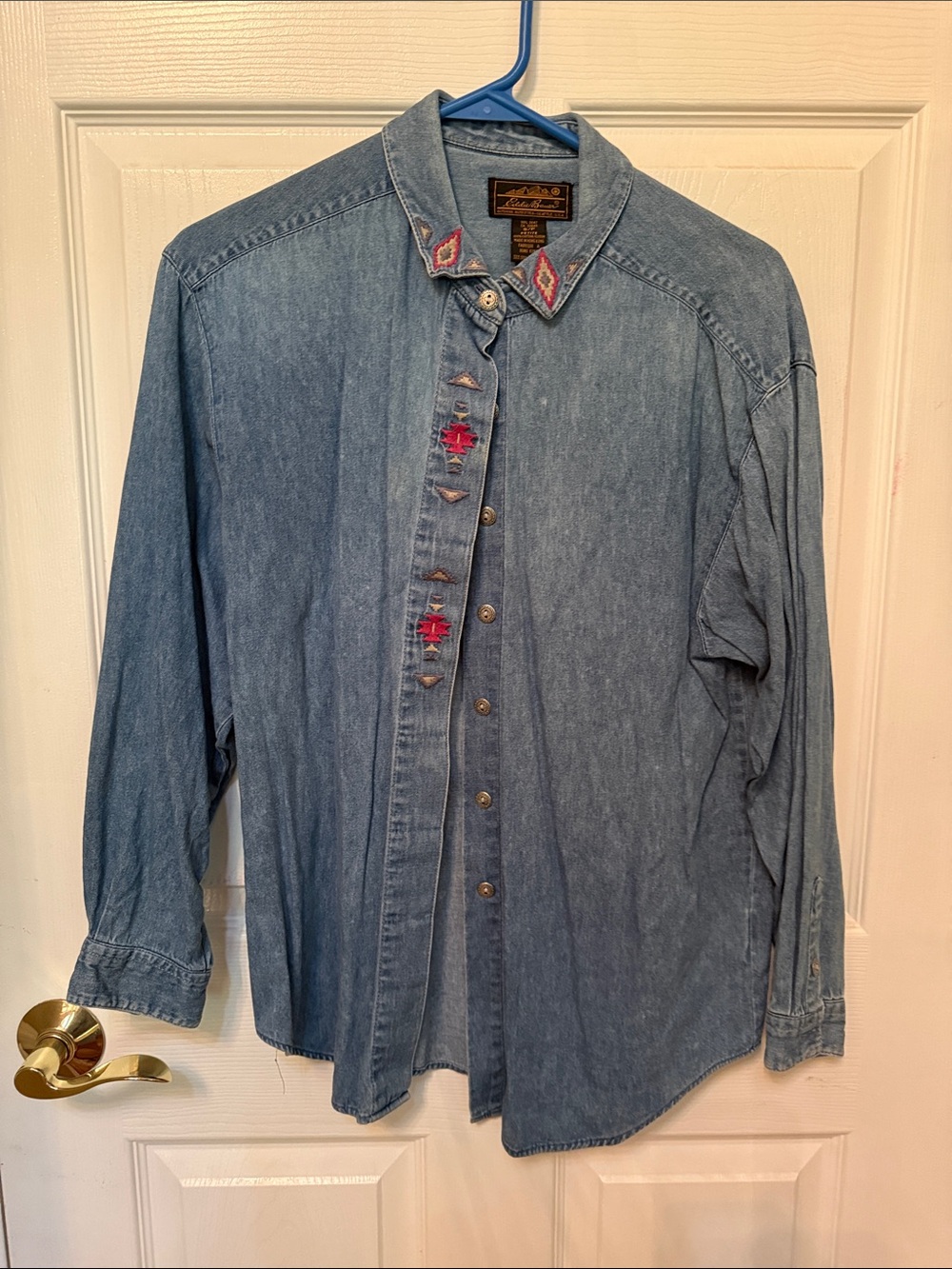 Eddie Bauer Light Blue Denim Button-Down Shirt with Embroidered Accents